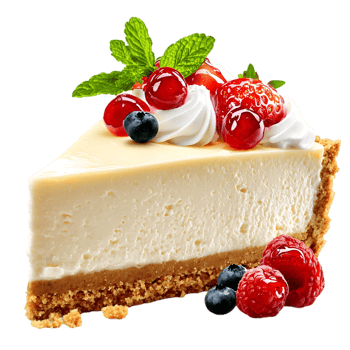 A slice of cheesecake topped with fresh berries and mint leaves, showcasing a creamy texture and a golden crust. png