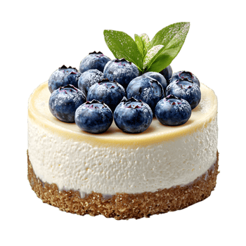 A creamy blueberry cheesecake topped with fresh blueberries and mint leaves on a crumb crust. png