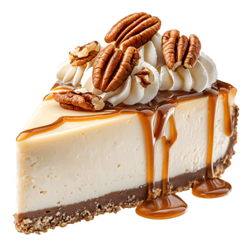 A delicious slice of cheesecake topped with whipped cream, pecans, and caramel sauce. png
