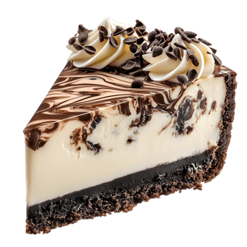 A decadent slice of chocolate cheesecake topped with creamy swirls and chocolate shavings. png