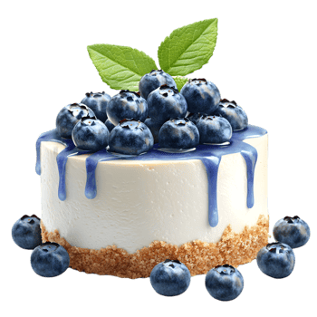 A creamy blueberry cheesecake topped with fresh blueberries and mint leaves on a crumb crust. png
