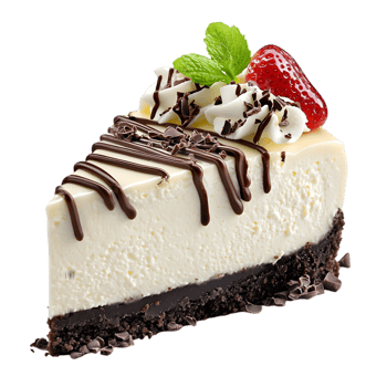 A delicious cheesecake slice topped with chocolate drizzle, whipped cream, a strawberry, and a fresh mint leaf. png
