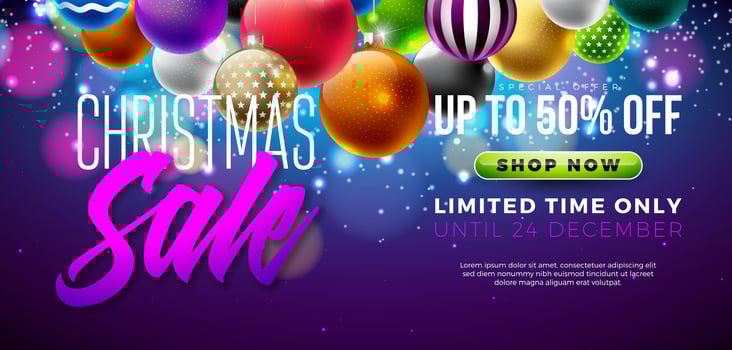 Christmas Sale Design with Colorful Ornamental Ball on Shiny Blue Background. Holiday Business Illustration with Special Offer Typography Elements for Coupon, Voucher, Banner, Flyer vector