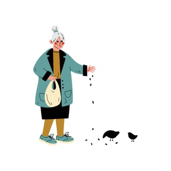 Senior Woman Feeding Birds, Old Lady Daily Activity Illustration vector
