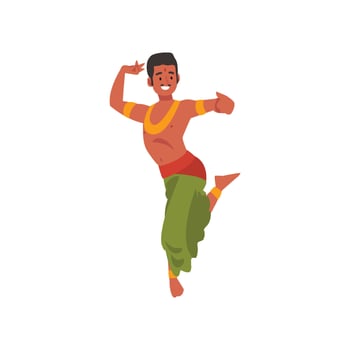 Young Man Performing Folk Dance, Smiling Indian Dancer in Traditional Clothes Illustration vector