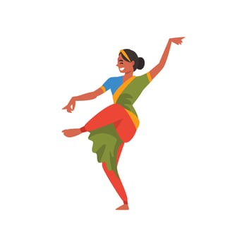 Indian Dancer Character in Green Traditional Clothes, Beautiful Smiling Young Woman Performing Folk Dance Illustration vector