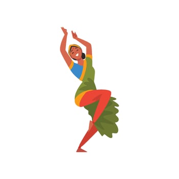 Indian Dancer in Traditional Sari, Beautiful Smiling Young Woman Performing Folk Dance Illustration vector