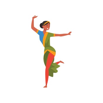 Indian Dancer in Green Traditional Sari, Beautiful Smiling Young Woman Performing Folk Dance Illustration vector