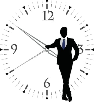 Silhouette of a businessman standing in front of a clock vector