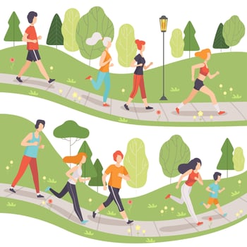 People Running in Park Set, Young Men and Women Doing Physical Activities Outdoors, Healthy Lifestyle and Fitness Illustration vector