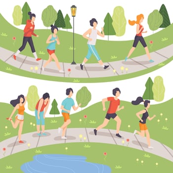 People Running in Summer Park Set, Young Men and Women Jogging, Physical Activities Outdoors, Healthy Lifestyle and Fitness Illustration vector