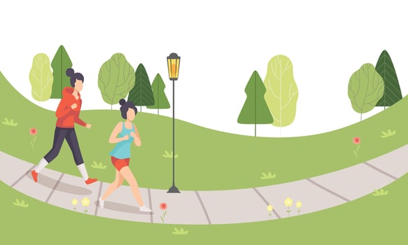 Two Girls Running in Park, Young Women Doing Physical Activities Outdoors, Healthy Lifestyle and Fitness Illustration vector