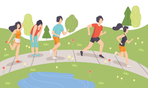 People Running in Park, Young Men and Women Doing Physical Activities Outdoors, Healthy Lifestyle and Fitness Illustration vector