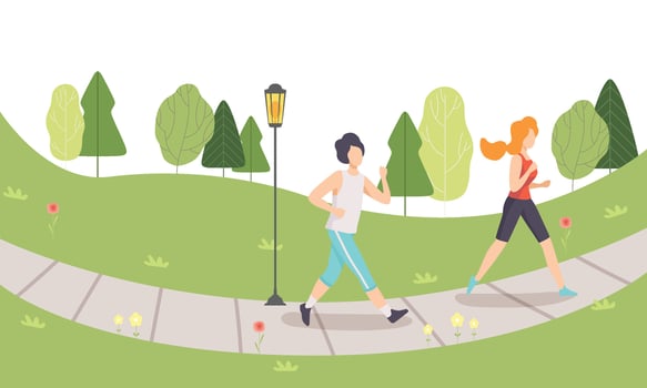 Man and Woman Running in Park, Jogging Couple, People Doing Physical Activities Outdoors, Healthy Lifestyle and Fitness Illustration vector