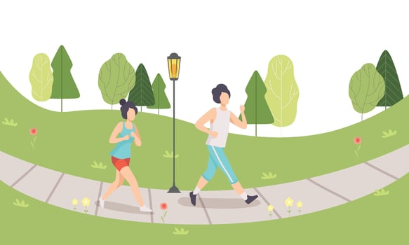 Couple Running in Park, Man and Woman Doing Physical Activities Outdoors, Healthy Lifestyle and Fitness Illustration vector