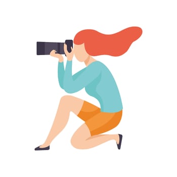 Girl Squatting Taking Photo with Sir Camera, Female Professional Photographer Character Illustration vector