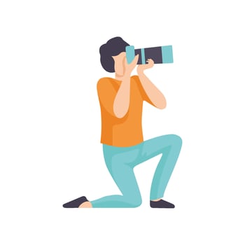 Guy Taking Photos with Modern Digital Camera, Male Professional Photographer Character Making Picture Illustration vector