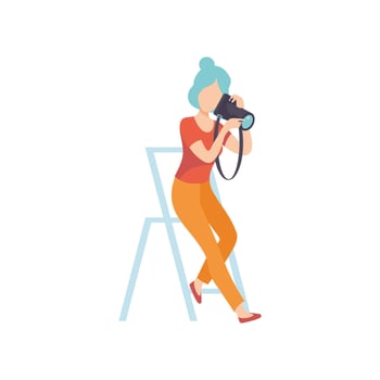 Woman Taking Photos with Sir Camera, Female Professional Photographer Character Sitting on Chair with Camera in Studio Illustratio vector