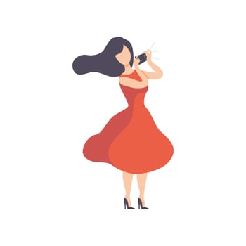 Brunette Woman in Red Dress Taking Photos with Digital Camera, Female Photographer Character Illustration vector