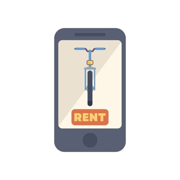 Smartphone displaying bike rental app with rent button in flat design vector