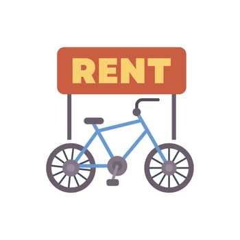 Blue bike for rent standing under signboard with promotion offer for customers vector