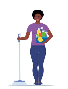Cute African woman character stands with brush for sweeping the floor and set of detergents. Cleaning concept illustration. Woman cleans the house. Cleaning service. Spring cleaning. vector