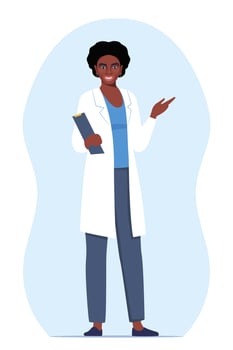 Doctor in medical uniform pointing and showing something with hand. Medicine worker black woman explaining and presenting something. flat illustration. vector