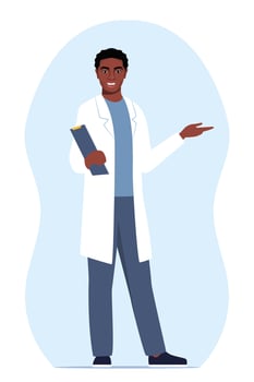 Doctor in medical uniform pointing and showing something with hand. Medicine worker black man explaining and presenting something. flat illustration. vector