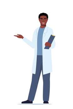 Doctor in medical uniform pointing and showing something with hand. Medicine worker black man explaining and presenting something. flat illustration. vector