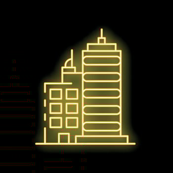 Glowing neon yellow skyscrapers at night on black background vector