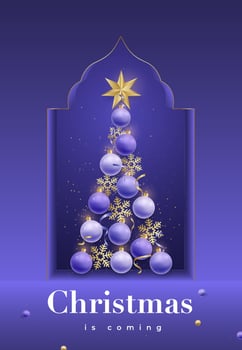 Balls and snowflakes in shape of Christmas tree. vector