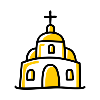 A stylized depiction of a church features a central dome topped with a cross, primarily using yellow and black cutouts png