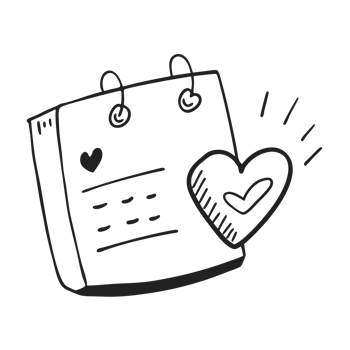 A black and white doodle features a calendar with a prominent big heart cutouts png
