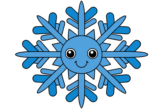 A blue, kawaii snowflake features a smiling face at its center, adding a playful touch to the symmetrical design cutouts png