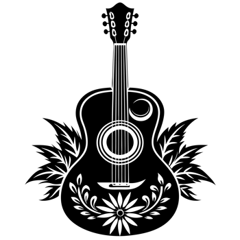 A black guitar silhouette features intricate floral patterns, highlighted. cutouts png