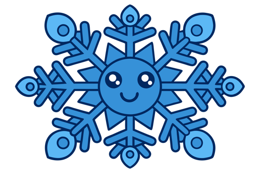cartoon-style snowflake features a smiling face at its center, adding a playful touch to the symmetrical design cutouts png