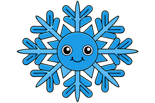 A blue, cartoon-style snowflake features a smiling face at its center, adding a playful touch to the symmetrical design cutouts png
