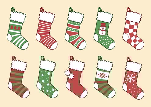 Christmas Groovy socks set. Hanging socks in red and green with Christmas patterns vector