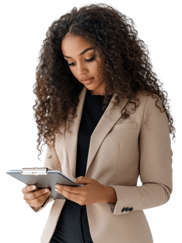 A woman in a business suit is holding a clipboard png