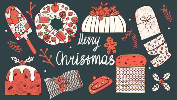Christmas sweet popular dessert set. Trendy traditional festive food. vector