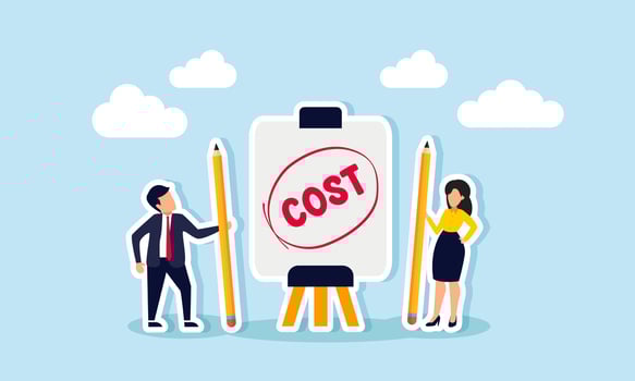 A businessman and businesswoman standing next to a board labeled COST, illustration of planning discussions about the company's budget COST vector