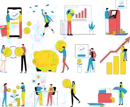 Illustrative set of hand gestures in e-commerce, highlighting payment, packaging, and customer interaction in digital commerce. vector