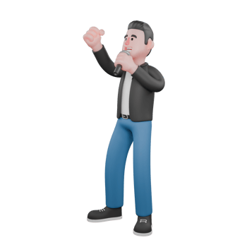 3D Cartoon Musician Character. a musician stands holding a microphone in his right hand with a singing expression. Vocal Artist Model png