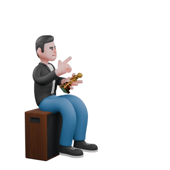 Cartoon Music Performer Character. A male musician sits at the speaker holding a trophy in his left hand and his right hand pointing up with a happy expression. 3D Vocalist png