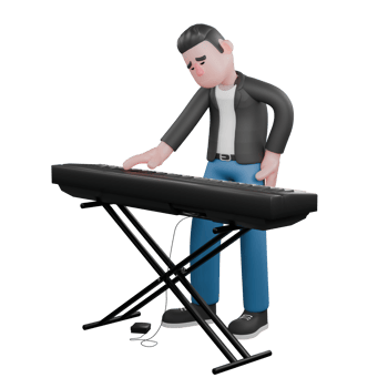 3D Music Performer Design. a musician stands behind an organ with his right hand holding the organ and his left hand on his waist with a tired expression. Cartoon Character png