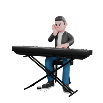 Cartoon Music Star Character. a musician sits behind an organ with his hands holding his face with a tired expression. 3D Vocalist png