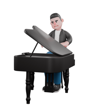 3D Cartoon Music Star Character. a musician sits behind a piano with a gesture of playing the piano, a happy expression. Singing Talent png