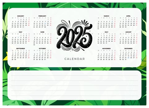 2025 Calendar Template. Tropical Leaves Design vector