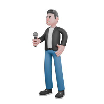 Cartoon Music Artist in 3D. a musician stands holding a microphone in his right hand and his left hand on his waist with a happy expression. Performance Character png