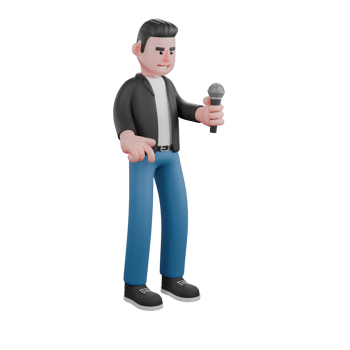 3D Cartoon Music Star. a musician stands holding microphone in left hand. Singing Artist png
